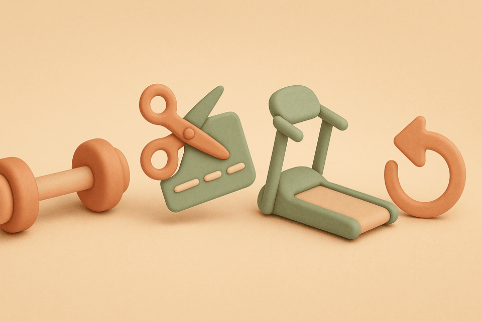 Clay illustration of dumbbell, membership card cut by scissors, treadmill