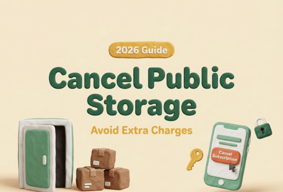 2026 guide on how to cancel public storage to avoid extra charges, featuring a smartphone, boxes, and a unit door.