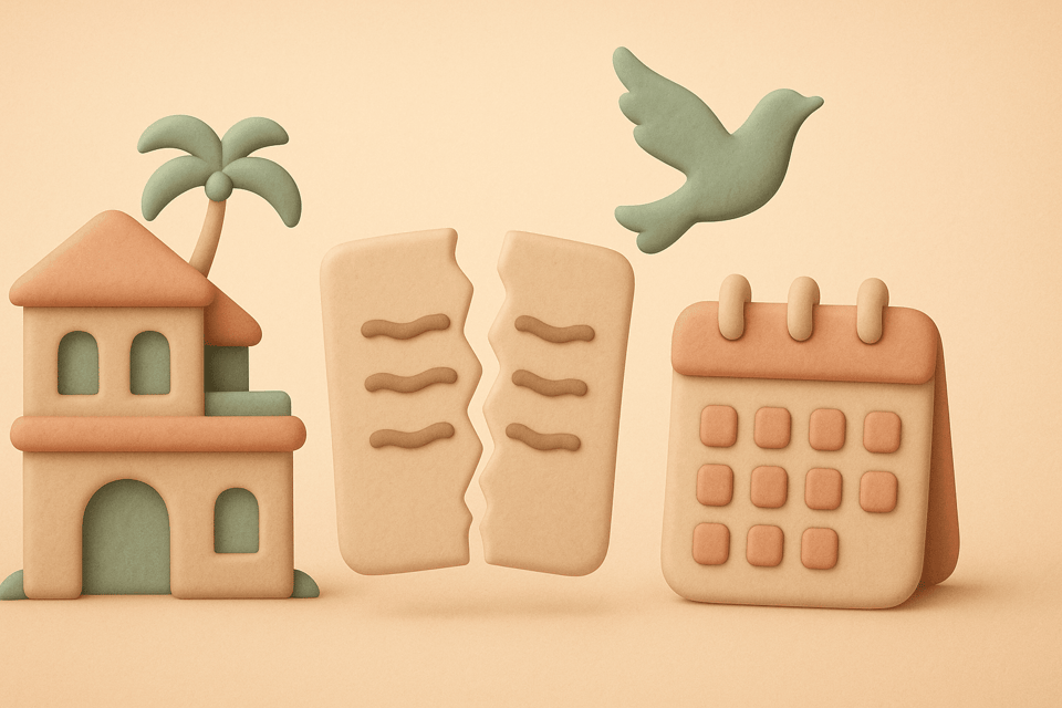 Clay illustration of resort, torn contract, calendar, and bird