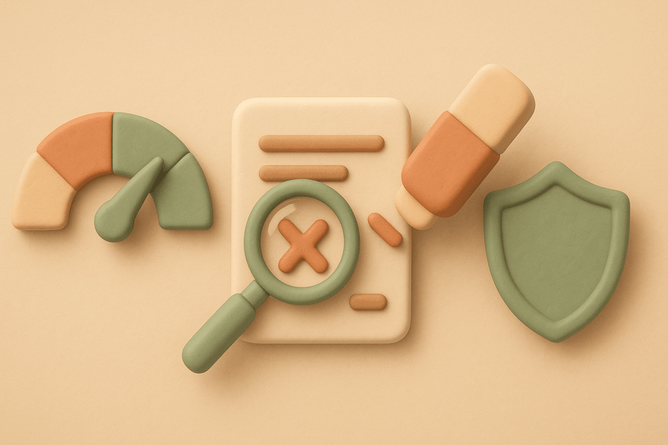 Clay illustration of credit score meter, magnifying glass, eraser, shield