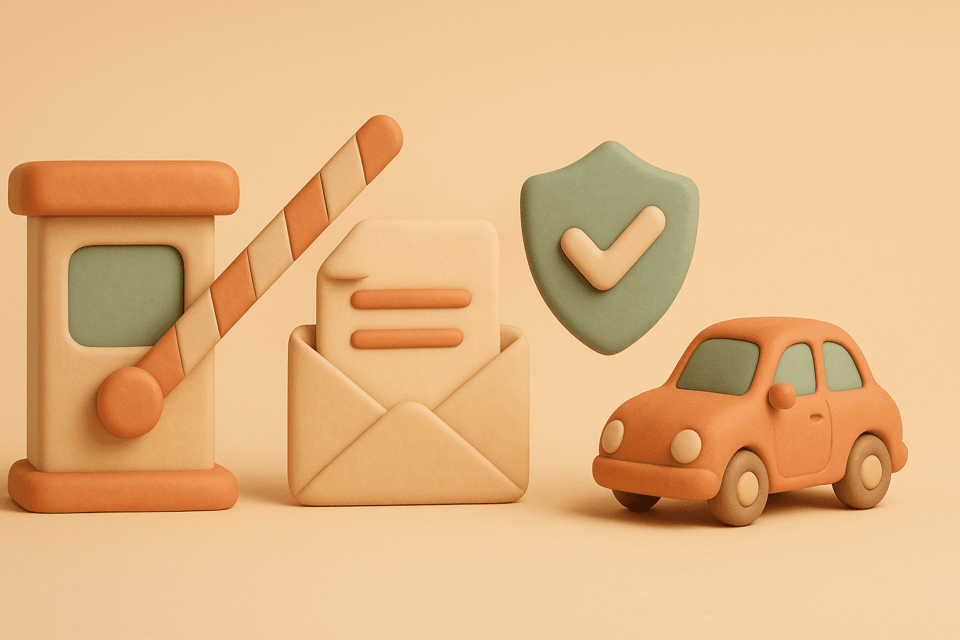 Clay illustration of toll booth, dispute letter, shield, and car