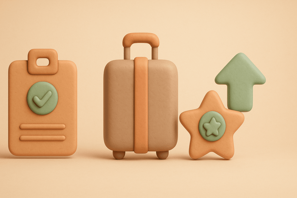 Clay style illustration of hotel key card, suitcase, upward arrow, and star badge