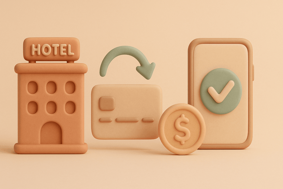 Clay hotel building, credit card with refund arrow, dollar coin, and phone with checkmark on beige background