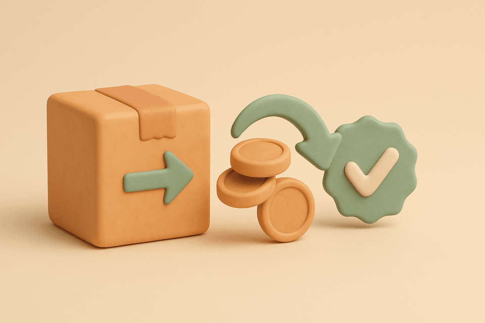 Clay illustration of shipping box with refund coins