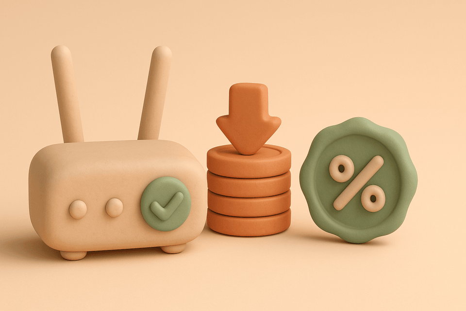 Clay illustration of router with savings badge