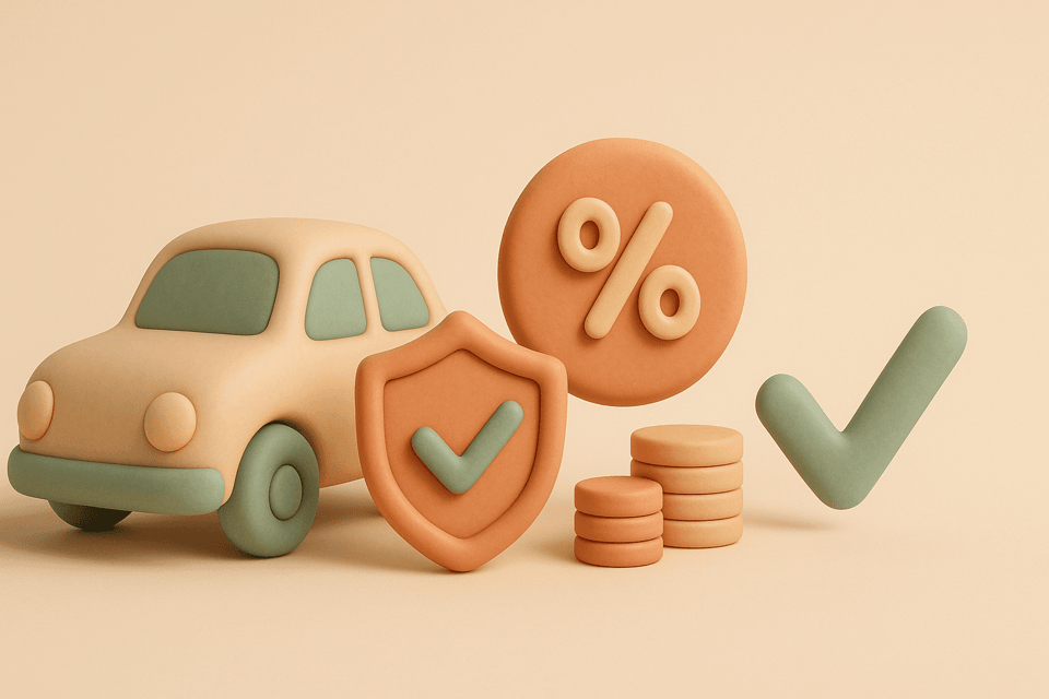 Clay style illustration of a car with insurance discount symbols
