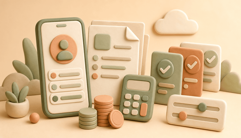 Soft clay illustration of a phone, blank bills, calculator, coins, plan cards, and checkmarks representing mobile bill savings