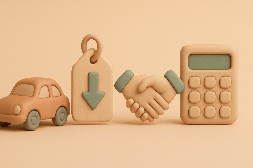 Clay illustration of car, price tag with arrow, handshake, and calculator