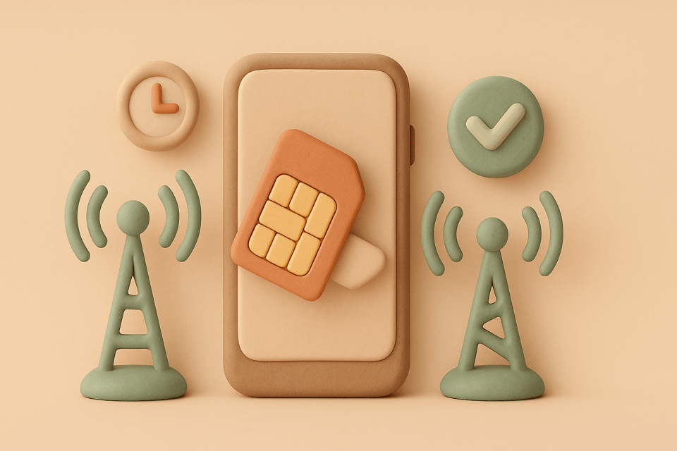 Clay style illustration of smartphone with SIM card transferring between signal towers