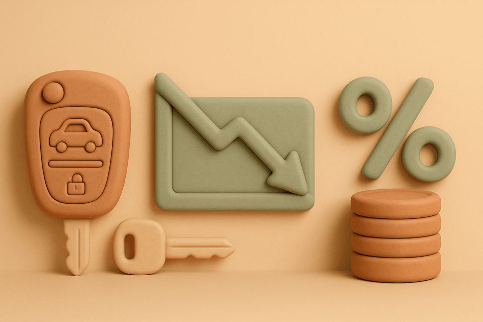 Clay illustration of car key, downward arrow chart, percentage symbol, and coins