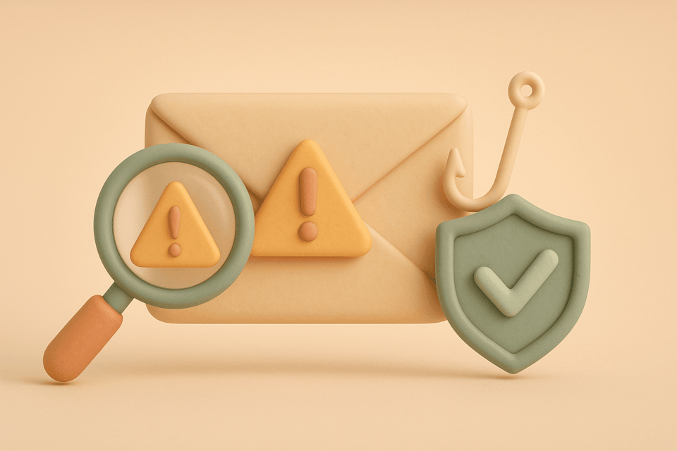 Clay style illustration of email envelope with warning triangle and magnifying glass