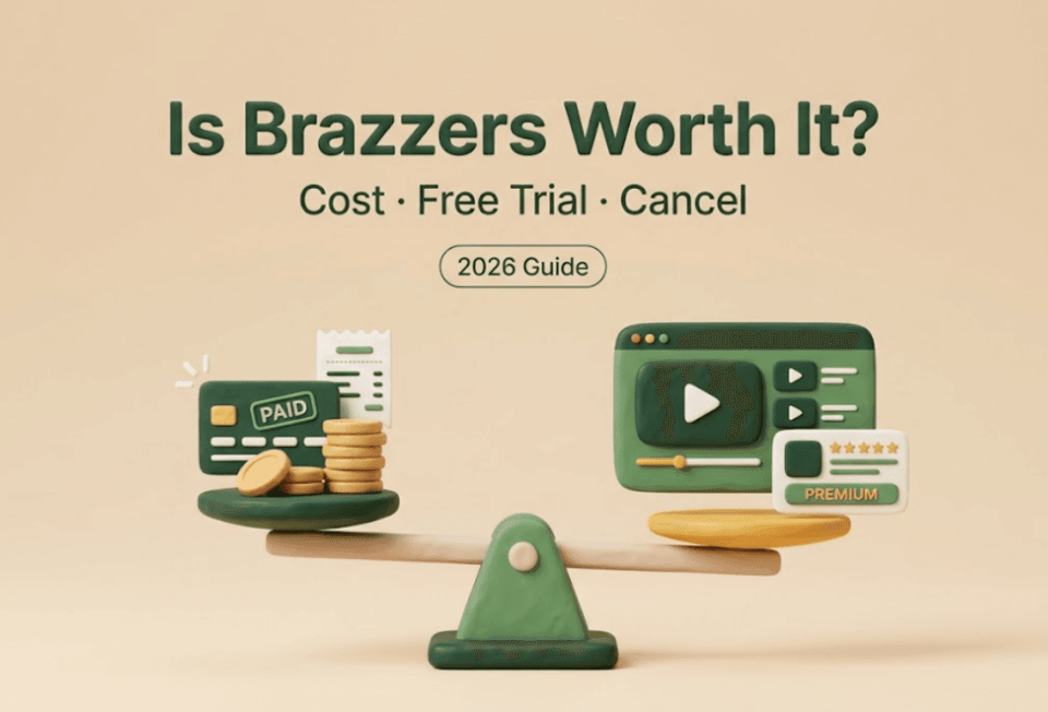 A 3D claymation scale balancing 'Cost' (credit card, coins) and 'Premium Content' (video player, stars). Visually answers 'is brazzers worth it' with 2026 guide text.