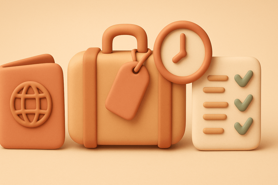 Clay illustration of an open passport, suitcase with tag, clock, and emergency checklist