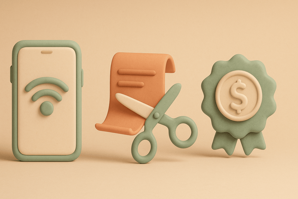 Clay illustration of smartphone, wireless signal, bill with scissors, and savings badge