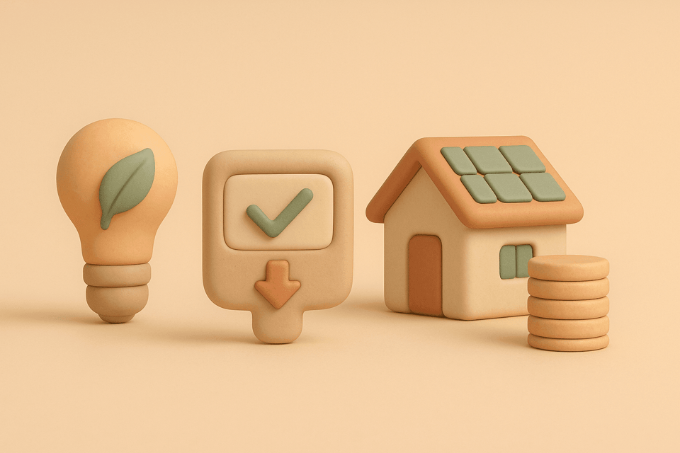 Clay light bulb with leaf accent and power meter with downward arrow