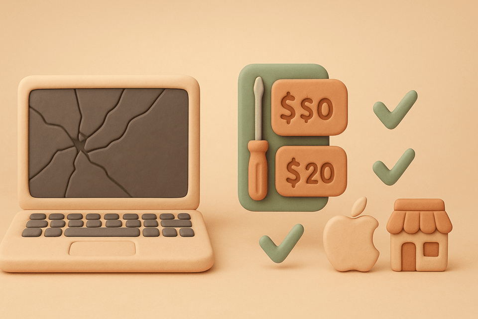 Clay illustration of a MacBook with cracked screen, repair toolkit, price tags, and Apple logo next to shop icon
