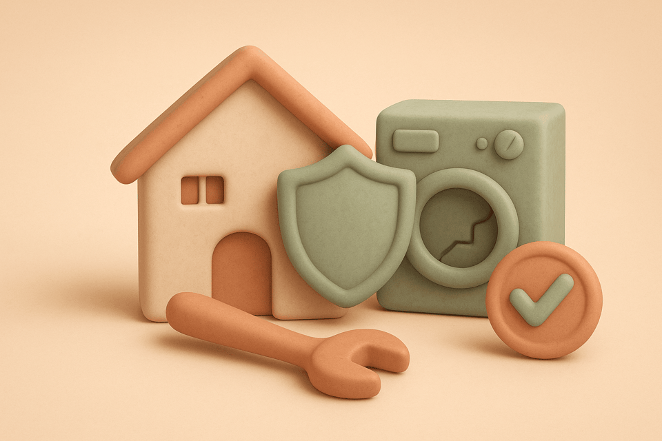 Clay illustration of house with shield, appliance, repair tool, checkmark