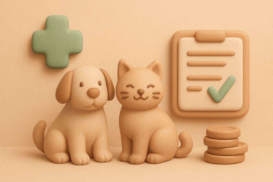Clay illustration of dog and cat, medical cross, claim form, coins