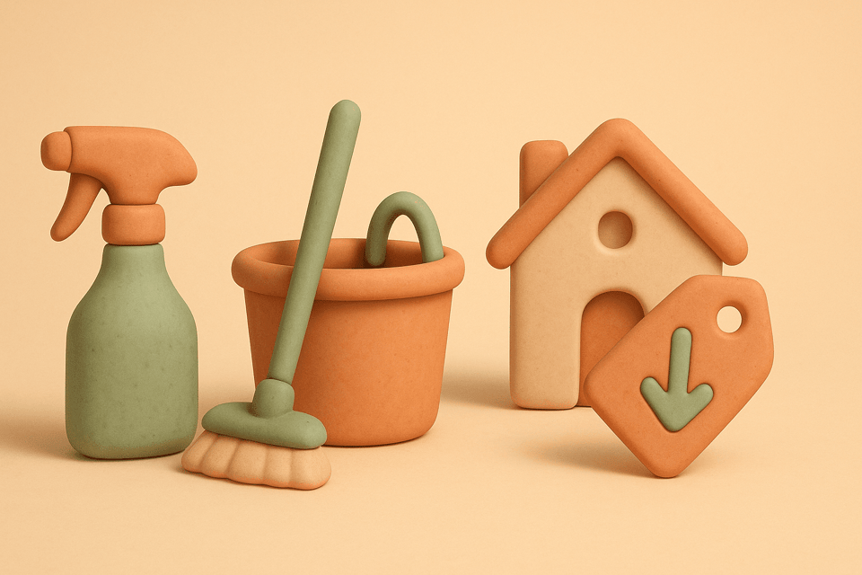 Clay illustration of spray bottle, mop bucket, house, and price tag