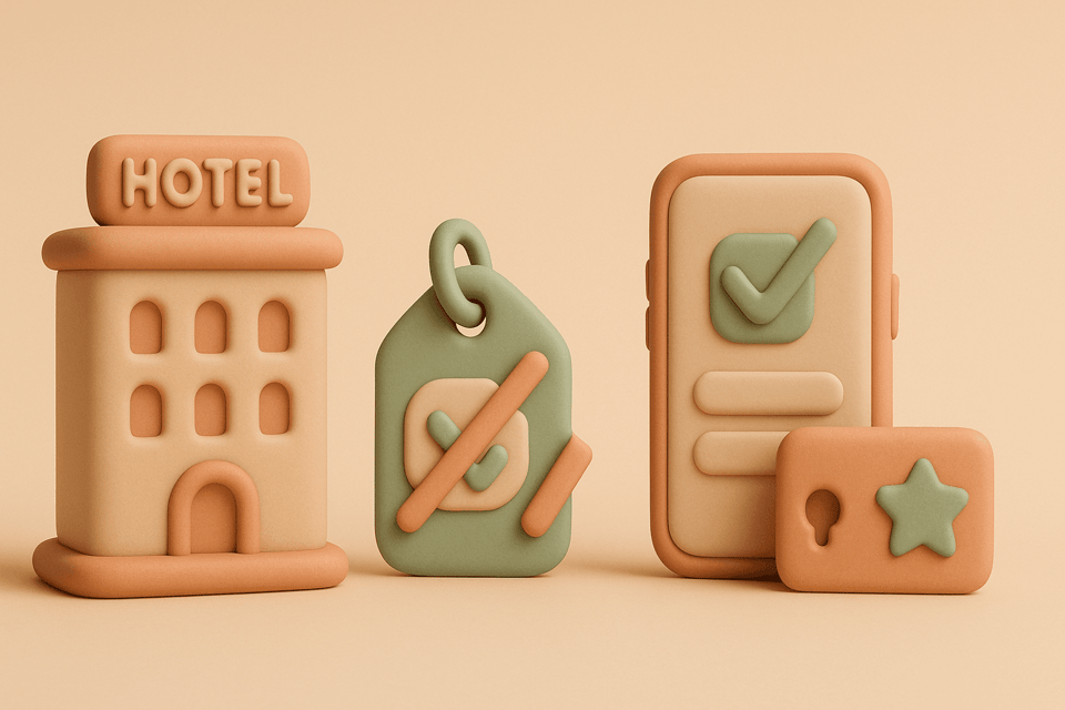 Clay hotel building with slashed price tag and key card