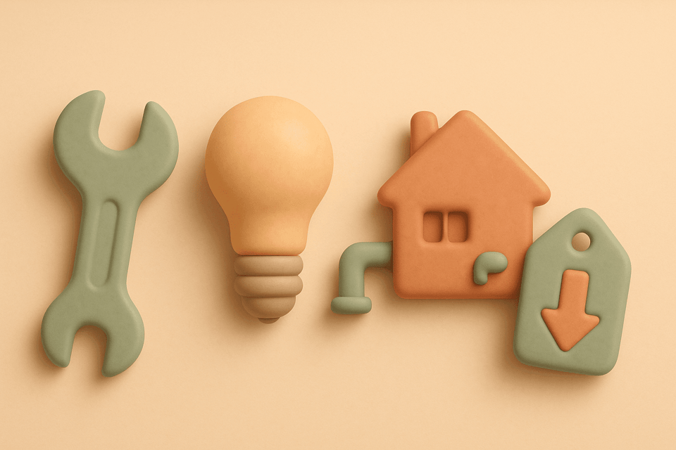 Clay illustration of wrench, light bulb, house pipe, and price tag
