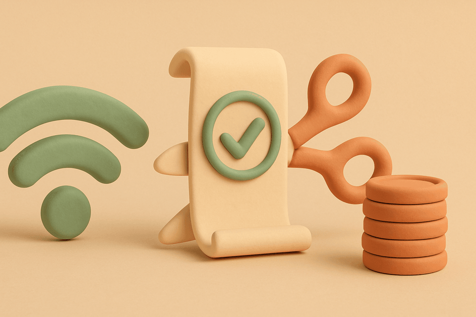 Clay illustration of wifi with scissors cutting bill