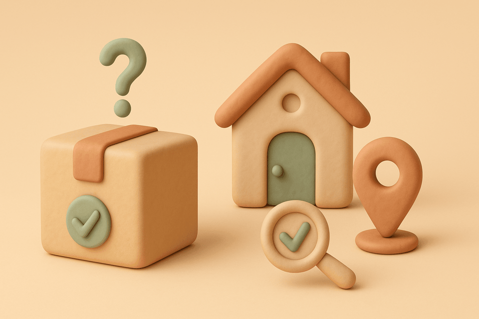 Clay package box with question mark, house, map pin, and magnifying glass in beige tones