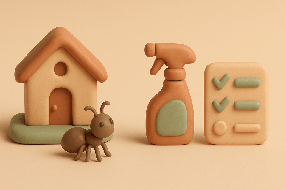 Clay house, ant figure, spray bottle, and checklist on beige background