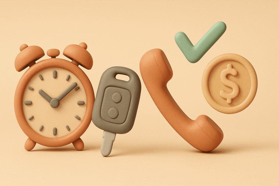 Clay clock, car key, phone handset, and dollar coin with checkmark on beige background