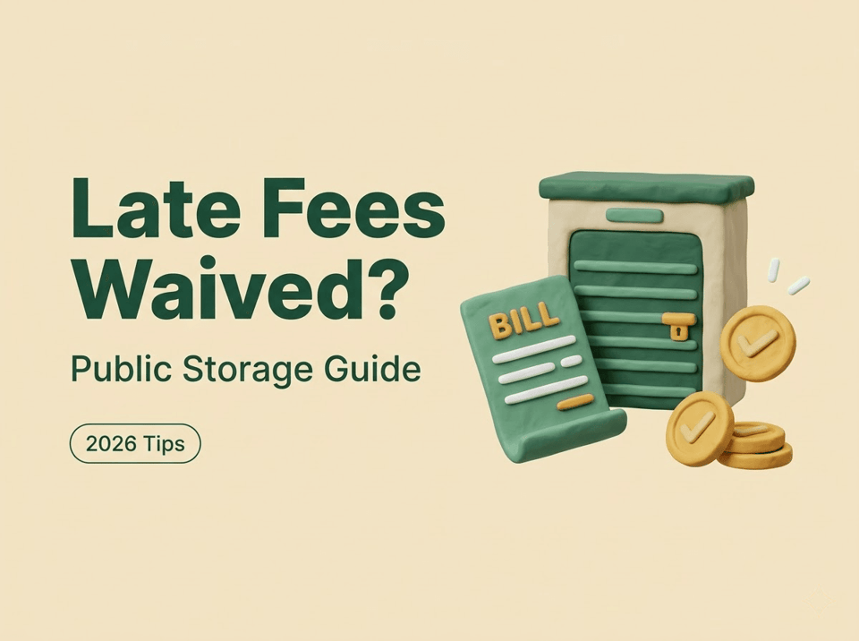 3D claymation style guide showing a locker and coins explaining how to get public storage late fees waived in 2026.