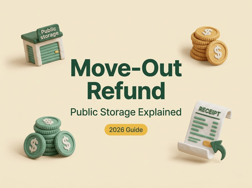 2026 guide explaining the public storage move out refund process with coins and receipt.