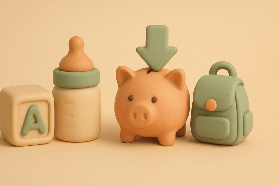 Clay illustration of toy block, baby bottle, piggy bank, backpack