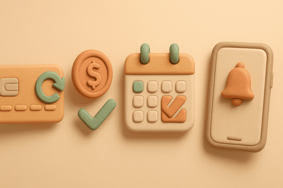 Clay credit card with renewal arrow, bouncing dollar coin, calendar, and phone with notification on beige background