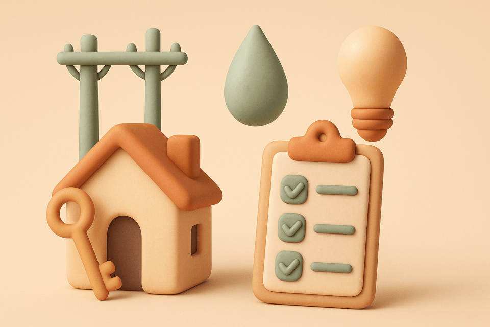 Clay illustration of a house with key, power lines, water droplet, light bulb, and setup checklist