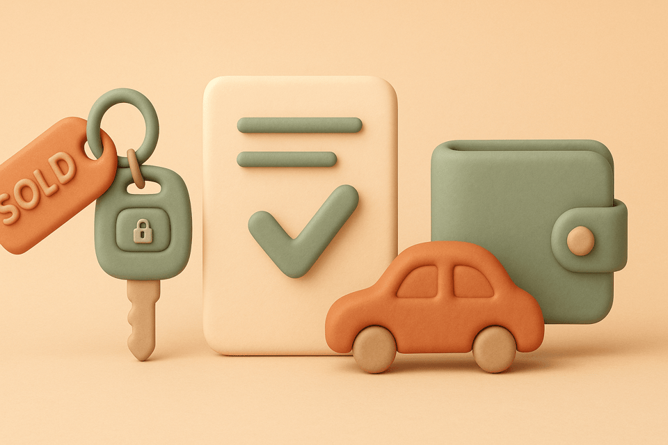 Clay-style illustration of car key with sold tag, insurance document, car shape, and wallet