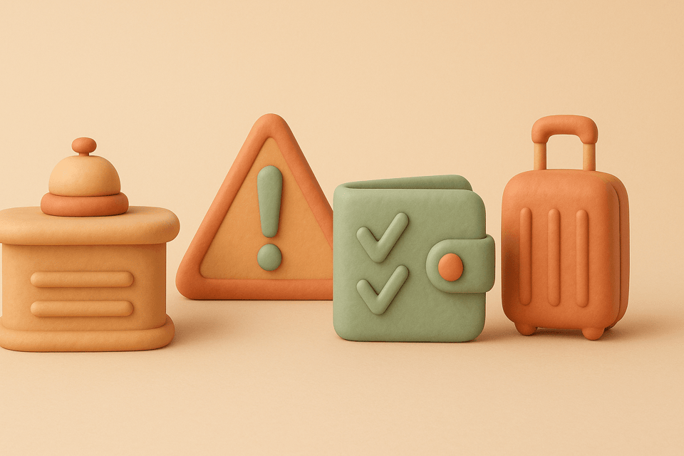 Clay hotel reception desk, warning triangle, wallet, and suitcase on beige background