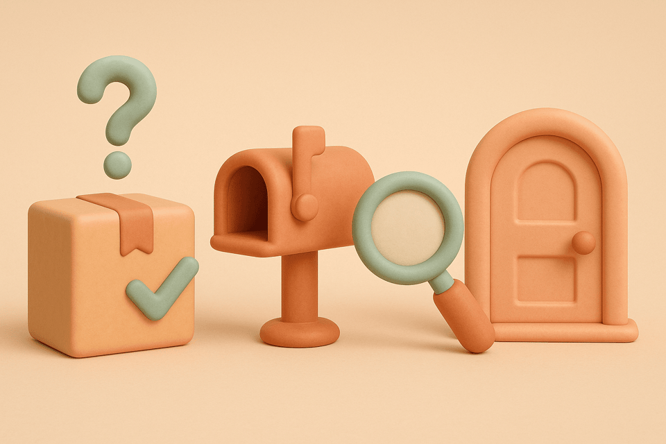 Clay cardboard package with question mark, mailbox, magnifying glass, and house door on beige background
