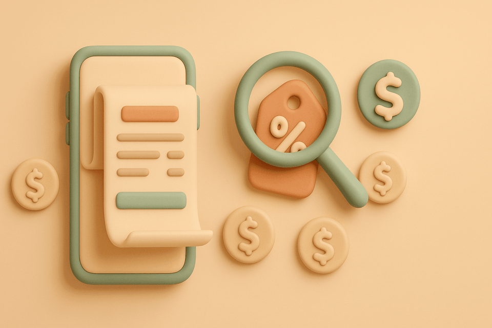 Clay-style illustration of phone bill, magnifying glass, discount tag, and dollar coins