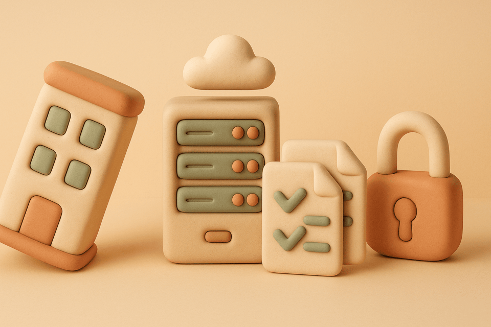 Clay office building, server rack with cloud, scattered files, and padlock on beige background