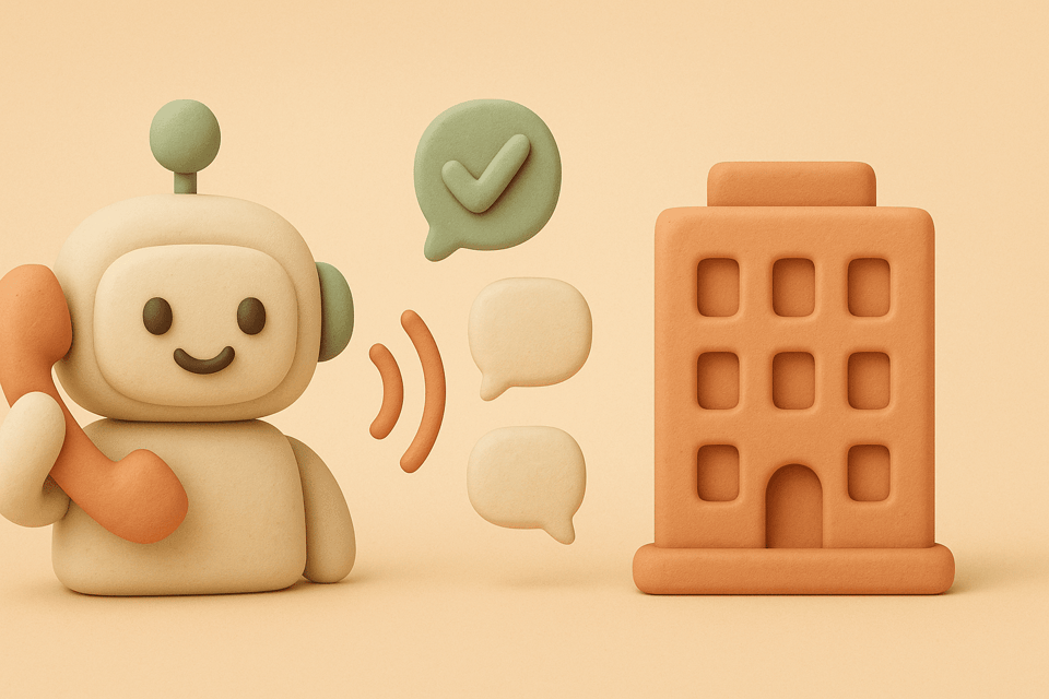 Clay AI assistant holding phone with sound waves going to office building with speech bubbles and checkmark