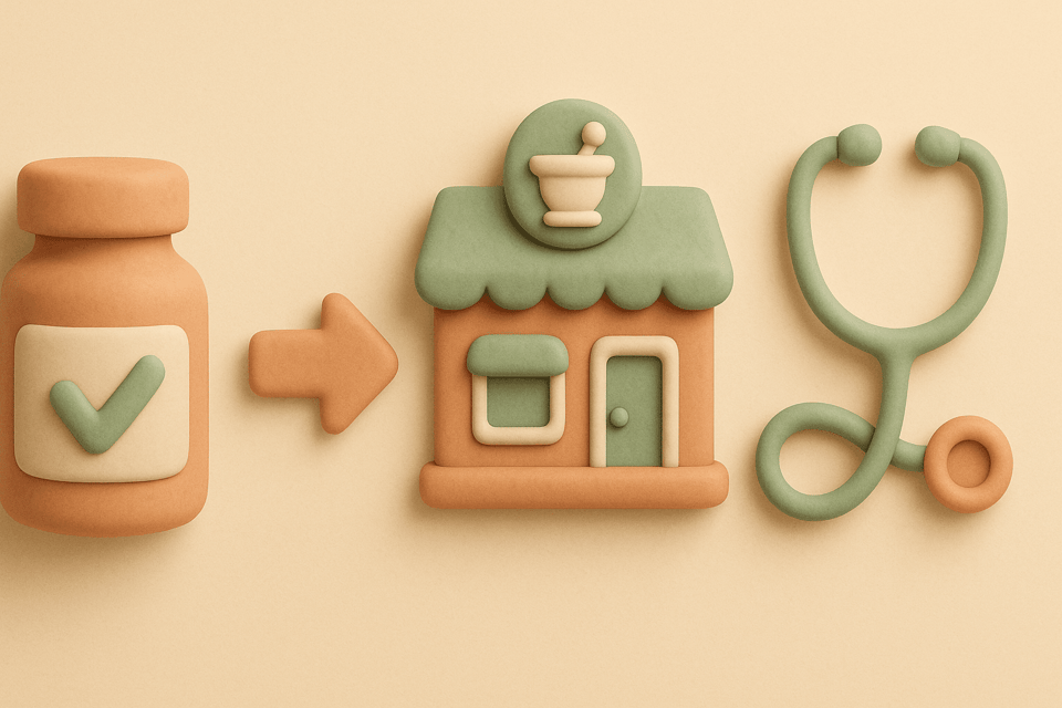 Clay pill bottle, pharmacy storefront, arrow between buildings, and stethoscope on beige background