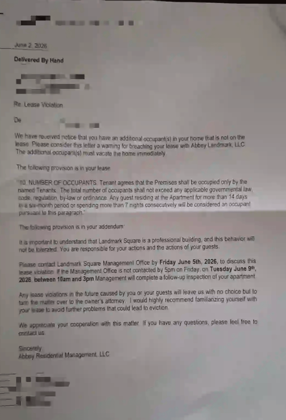 An anonymized lease-violation notice alleging an additional unauthorized occupant