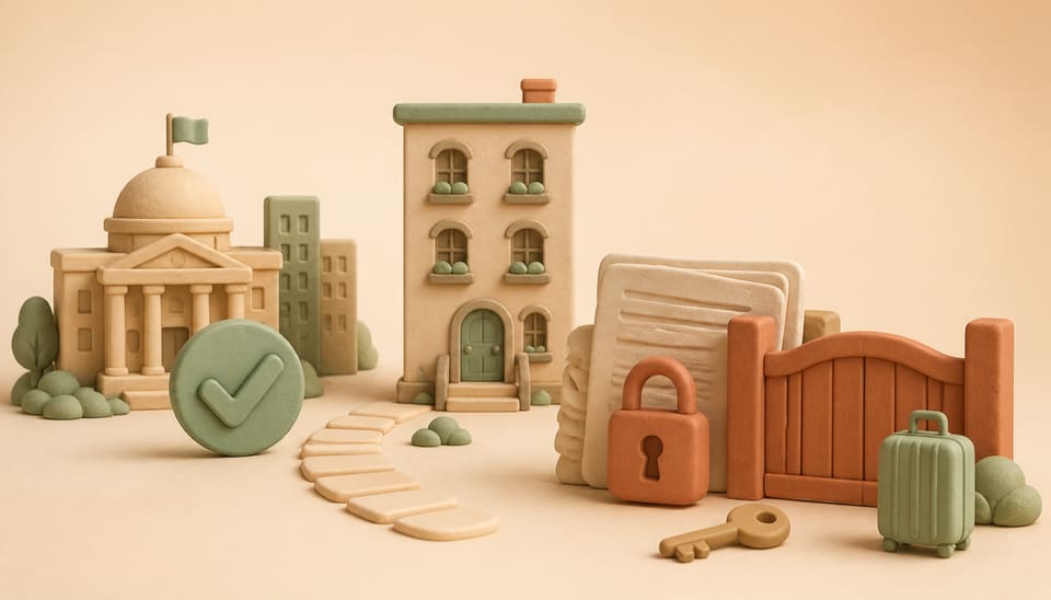 Clay illustration of a city permit approval facing a locked lease barrier outside an apartment