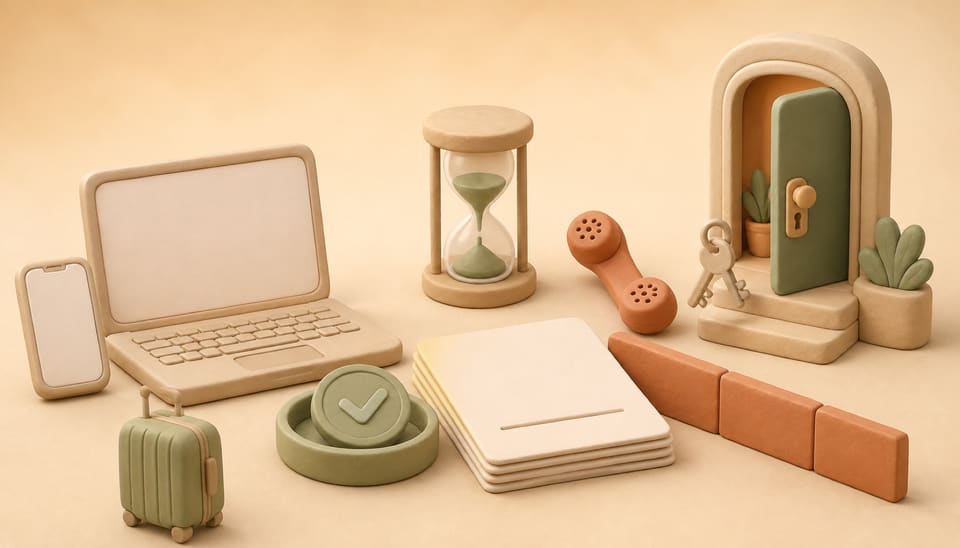 Clay illustration of a remote rental applicant waiting for a lease and apartment keys after paying a holding deposit