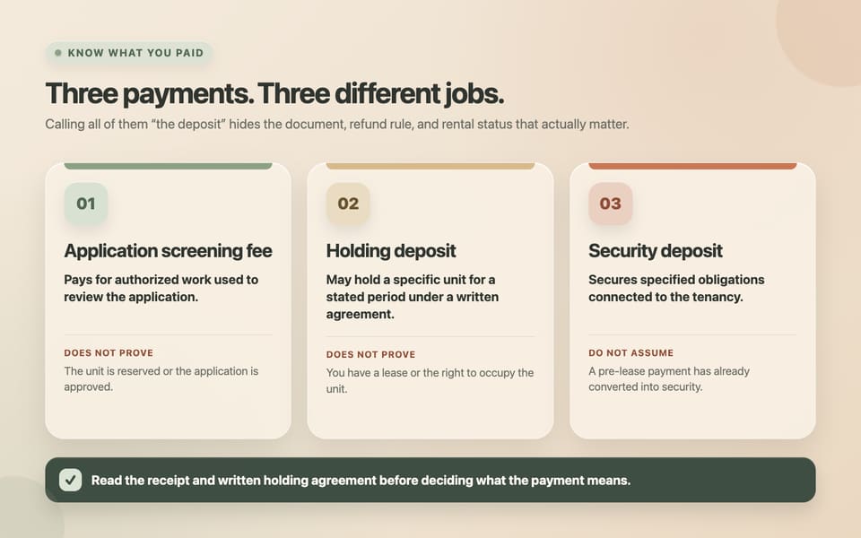 Comparison of an application screening fee, holding deposit, and security deposit