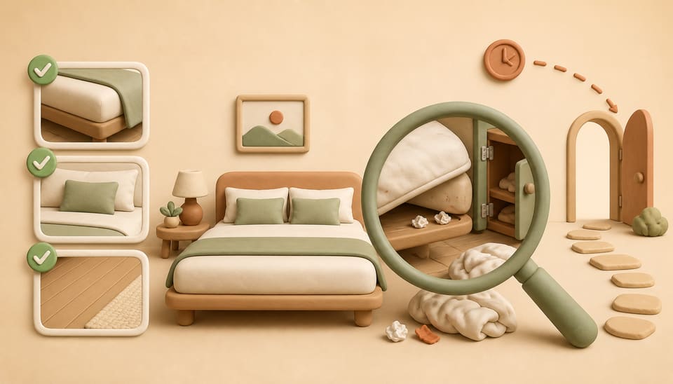 Clay illustration contrasting tightly cropped clean checkout photos with a magnifying-glass inspection that reveals hidden rental damage