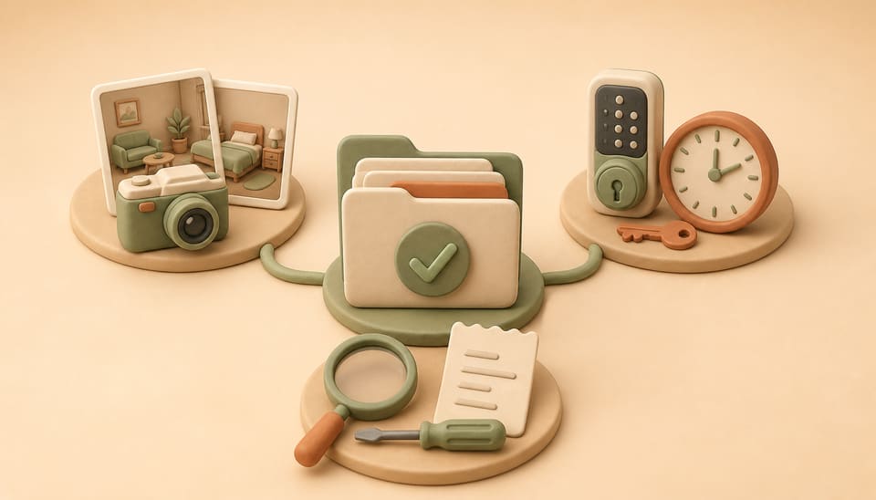 Clay illustration of a claim file connected to room-condition photos, access records, and verified repair costs