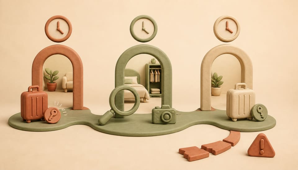 Clay illustration of checkout, same-day inspection, and the next check-in connected by a continuous verified path