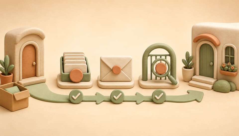 Clay illustration of an old apartment balance passing through ledger, collection, and screening checkpoints toward a new home