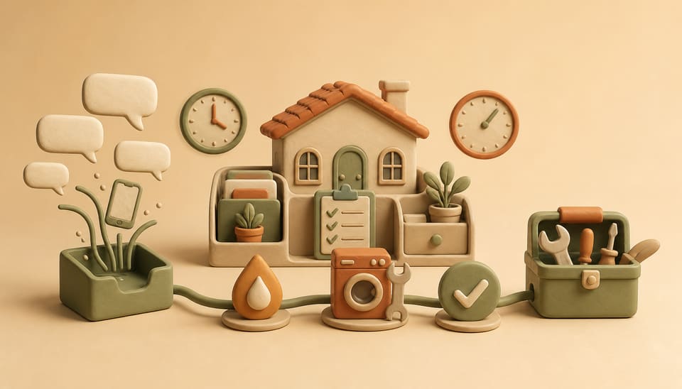 Clay illustration of tenant messages flowing through a rental maintenance workflow with two clocks, a washing machine, and repair tools